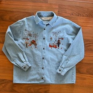 Embroidered Fall Vintage Denim Button Up